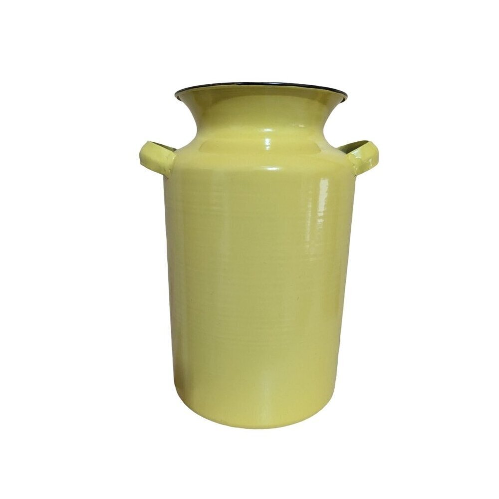 Yellow Enamel Milk Can Vase Farmhouse Rustic Decorative Pitcher with Handles 8in